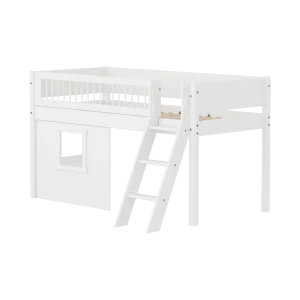High Bed 120 cm with Treehouse, Ladder and Safety Rail, 90x200, White, Crossbars