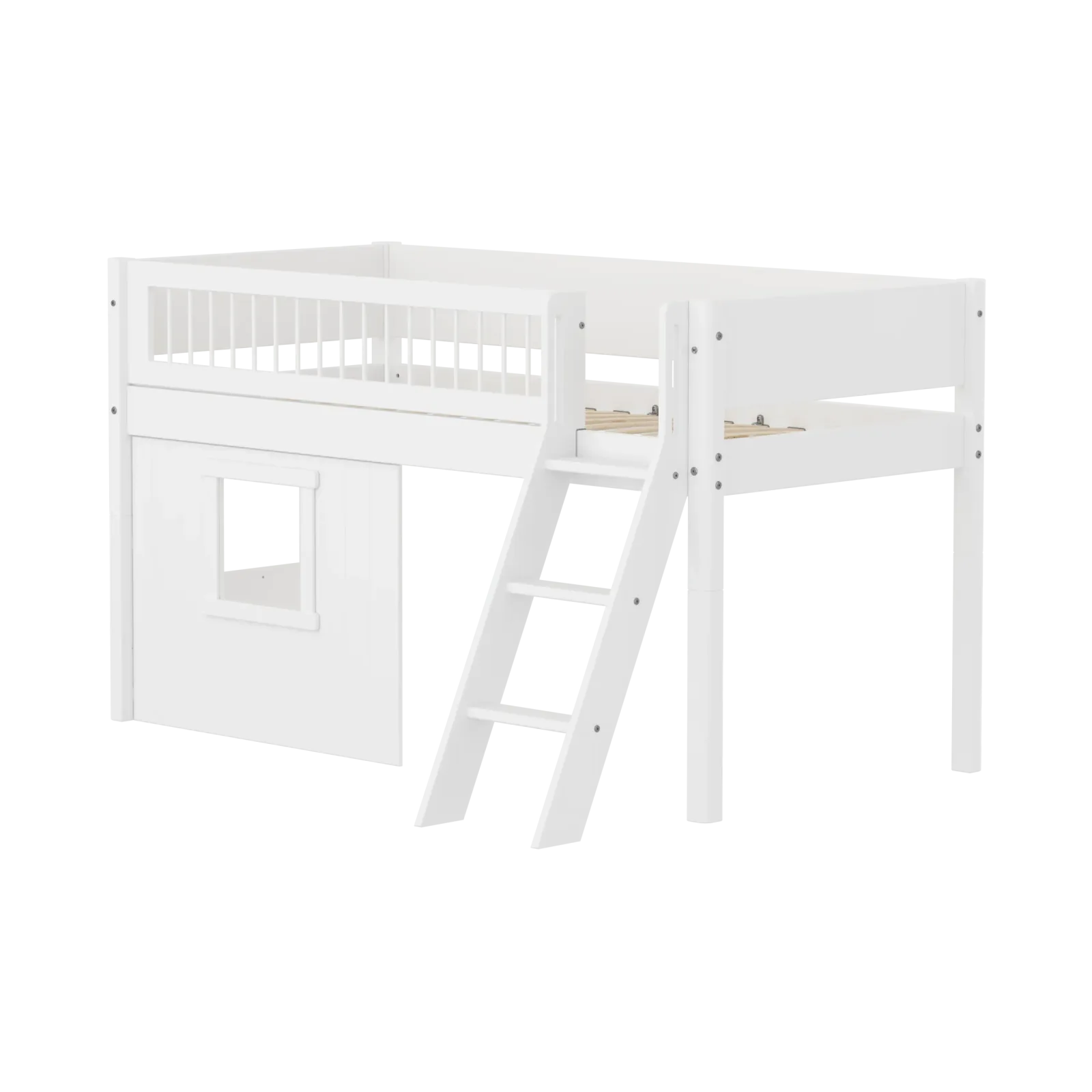 High Bed 120 cm with Treehouse, Ladder and Safety Rail, 90x200, White, Crossbars