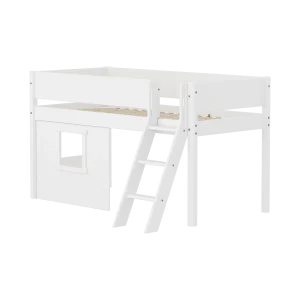 High Bed 120 cm with Treehouse, Ladder and Safety Rail, 90x200, White, Grooves