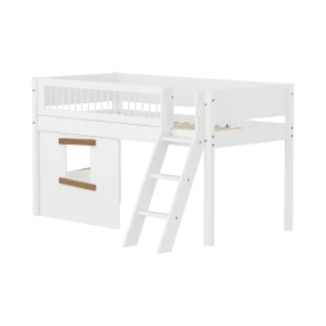High Bed 120 cm with Treehouse, Ladder and Safety Rail, 90x200, White/Oak, Crossbars