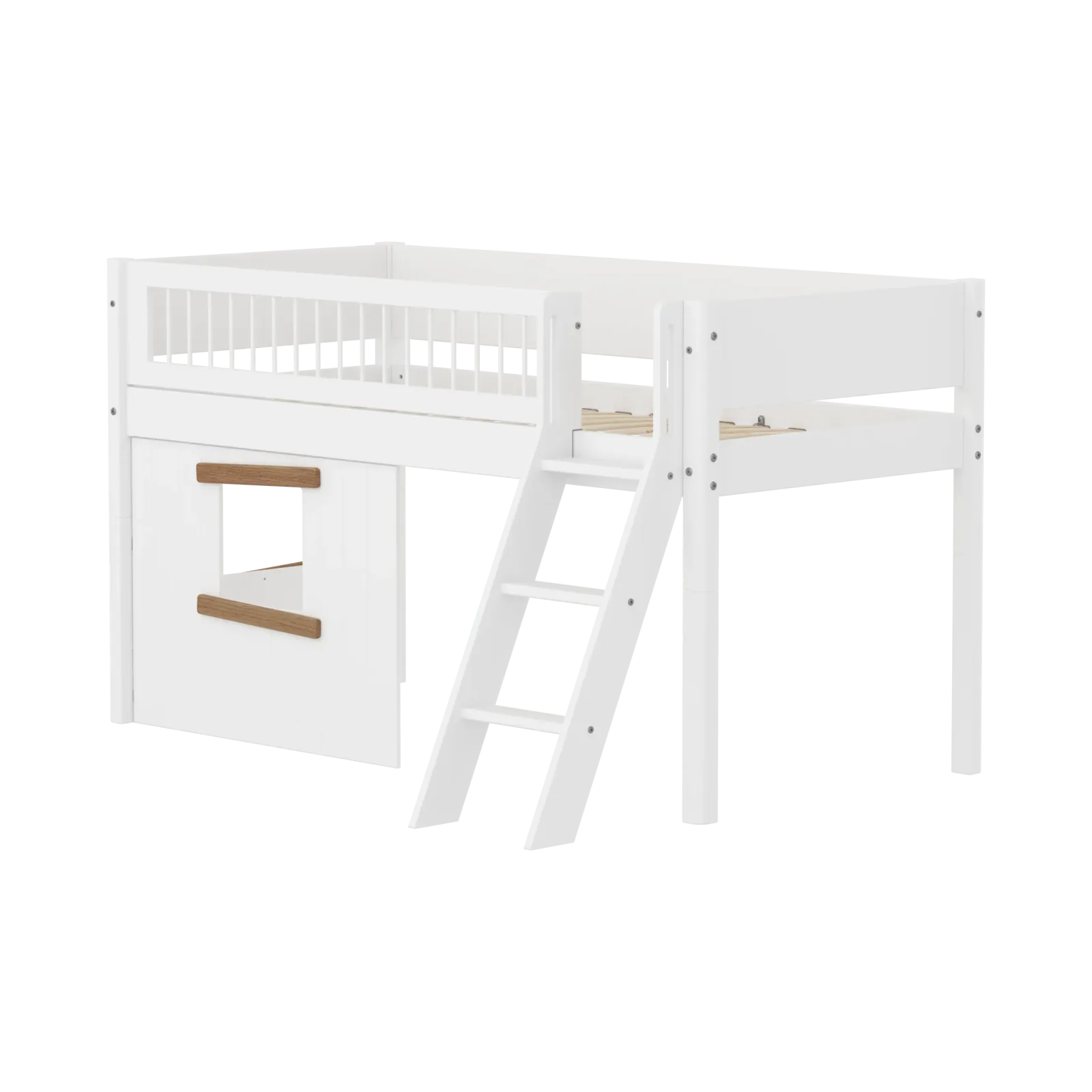 High Bed 120 cm with Treehouse, Ladder and Safety Rail, 90x200, White/Oak, Crossbars