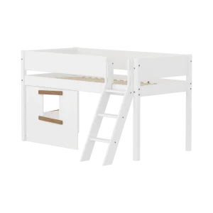 High Bed 120 cm with Treehouse, Ladder and Safety Rail, 90x200, White/Oak, Grooves