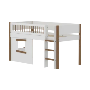 High Bed 120 cm with Treehouse, Straight Ladder and Safety Rail, 90x200 cm, NOR White/Oak, Crossbars, Oak Window