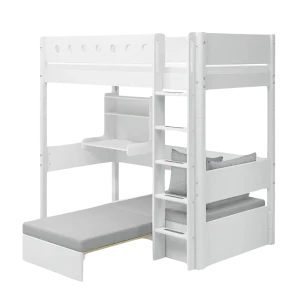 High Bed 184 cm with Desk, Sofa, Ladder and Safety Rail, 90x200 cm, WHITE, with Mattress